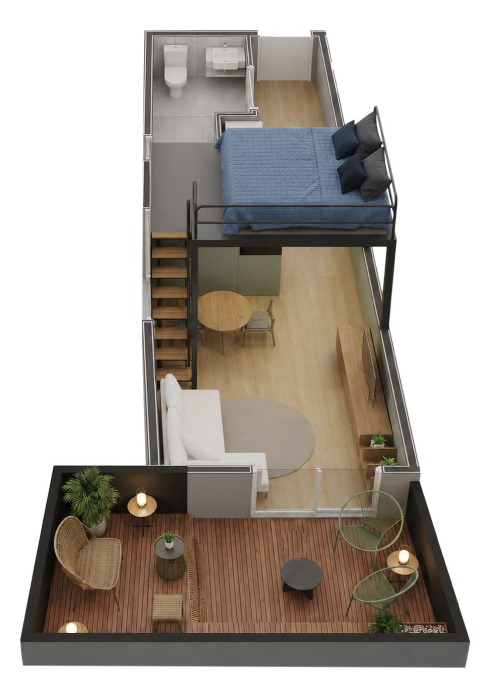 Planta humanizada em 3D do Studio Garden: mezanino com cama de casal suspensa, banho, cozinha, sala e o garden privativo com deck